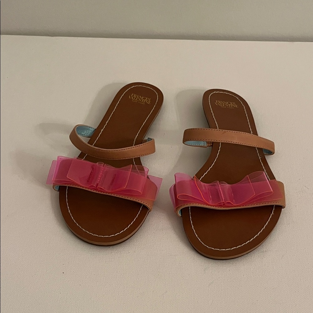 Frances Valentine Camille Vachetta Leather Sandals with Pink PVC Bow Accent